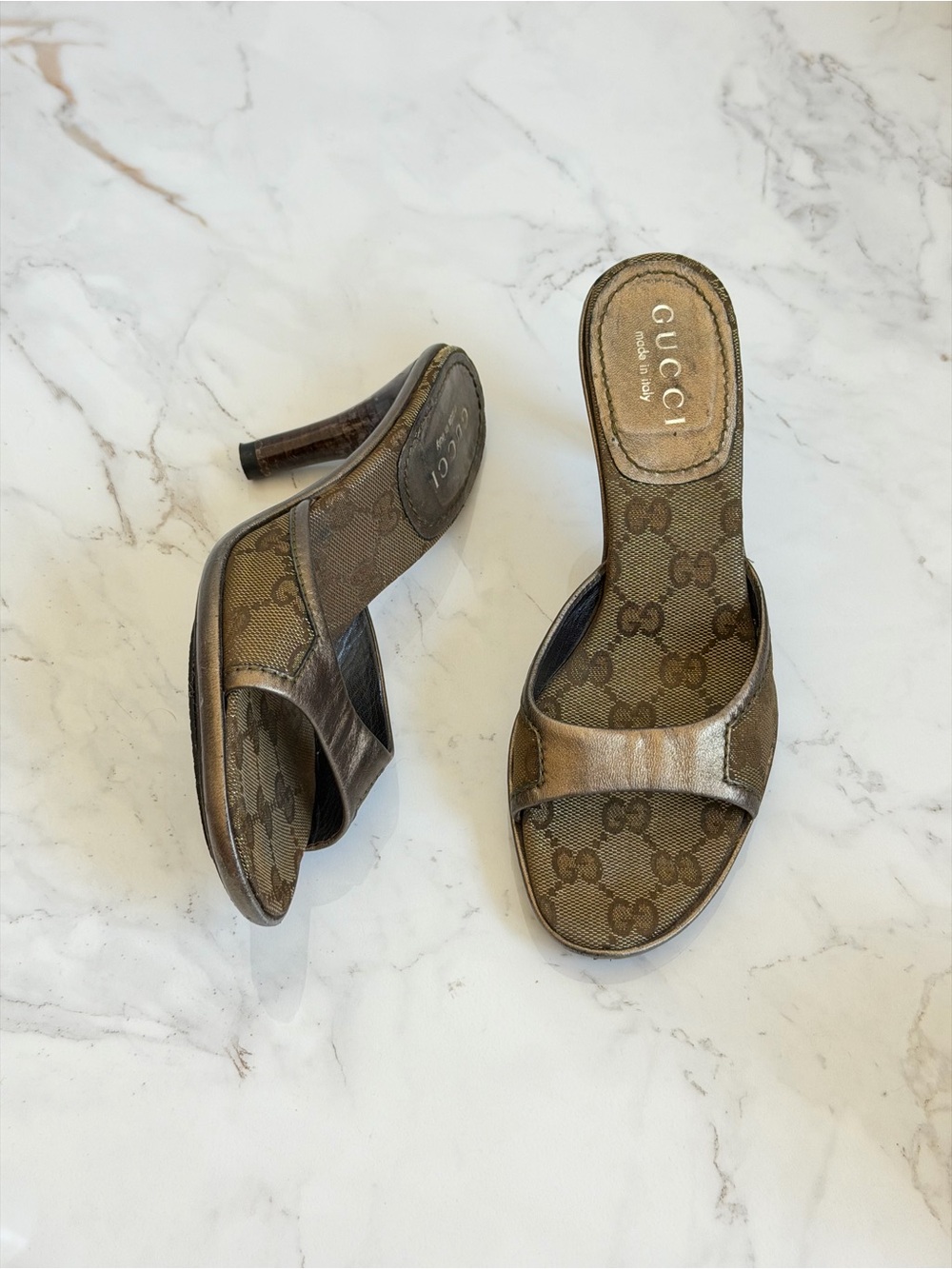 Authentic Gucci Tom Ford Gold Bronze GG Monogram Heel Mules
